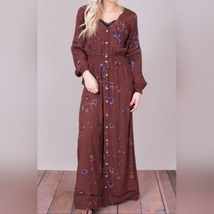Knot Sisters Floral Boho Maxi Dress Button Front Long Sleeve Lace Detail